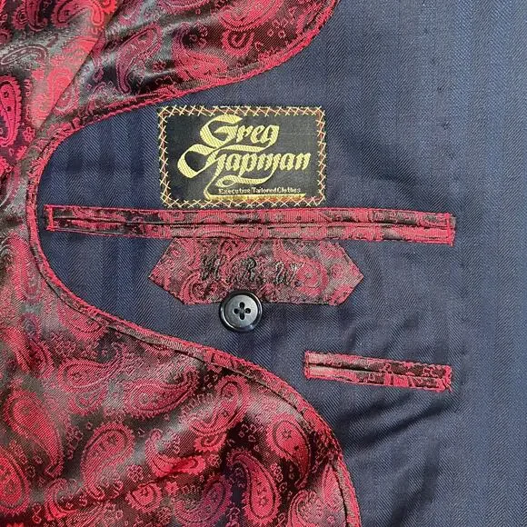 Greg Chapman Bespoke 44R Blazer Sport 100% Wool Navy Stripe Red Paisley Lining